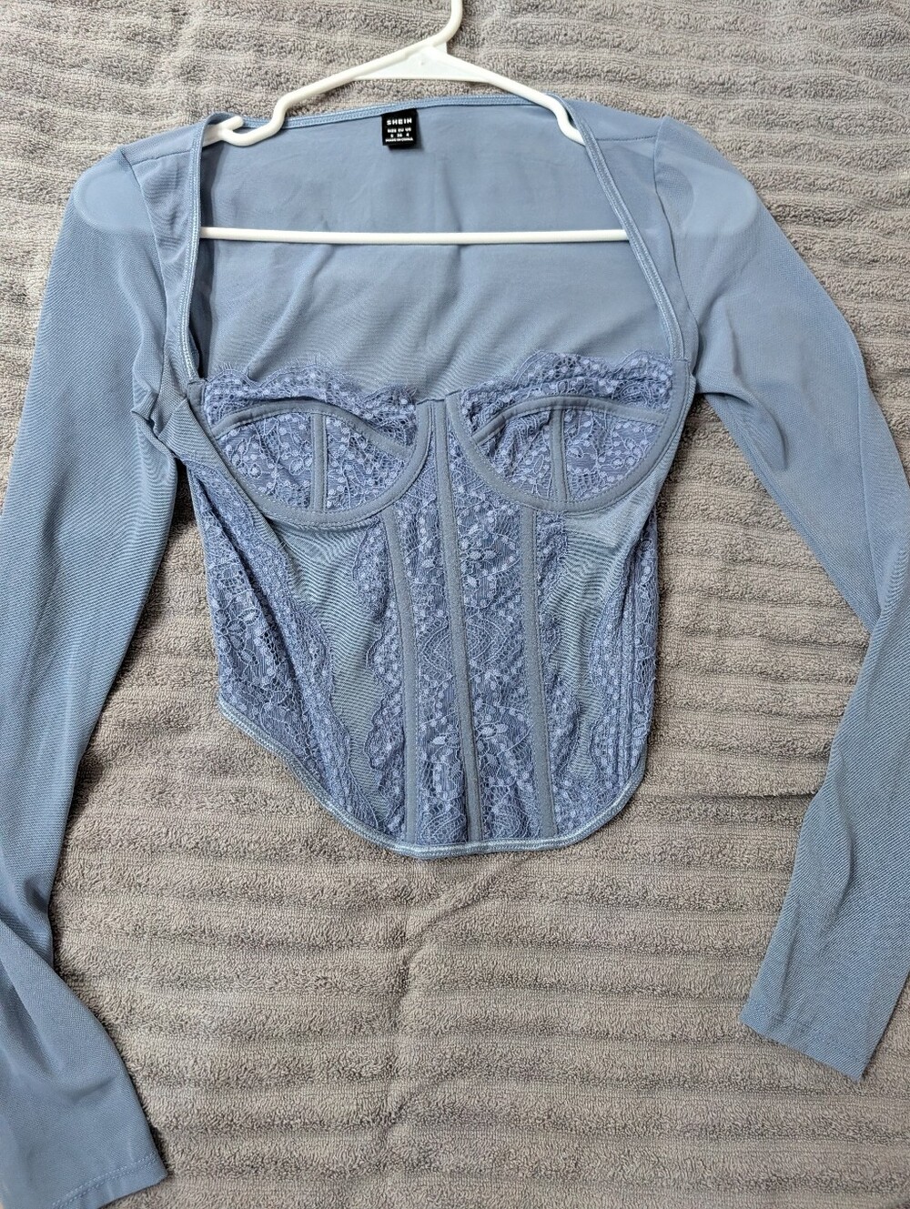 SHEIN Dusty Blue Lace Corset Long Sleeve Crop Top
